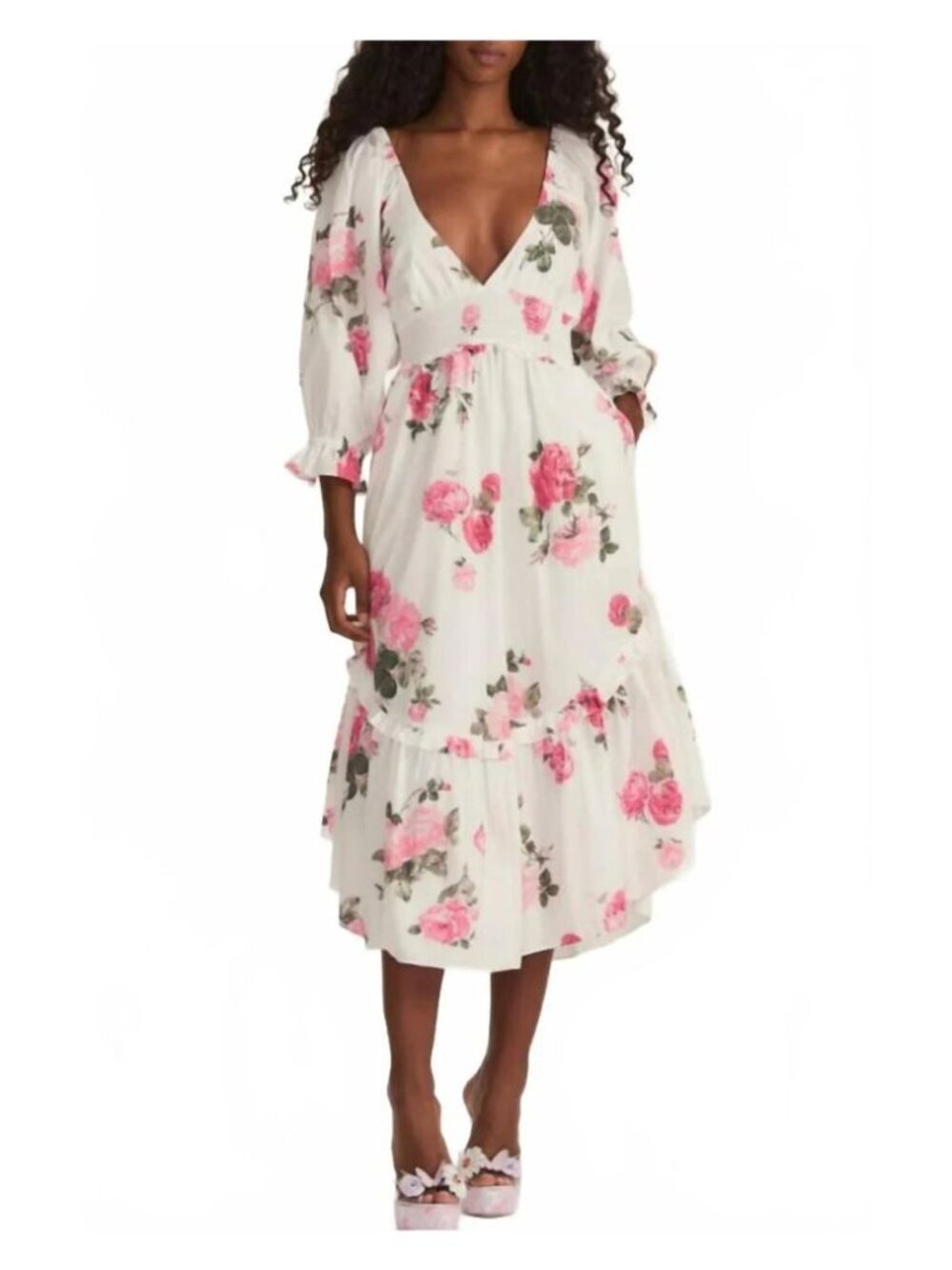 LoveShackFancy Firefly Dress Paradise Pink Floral Smocked Midi S/M Cotton V-Neck